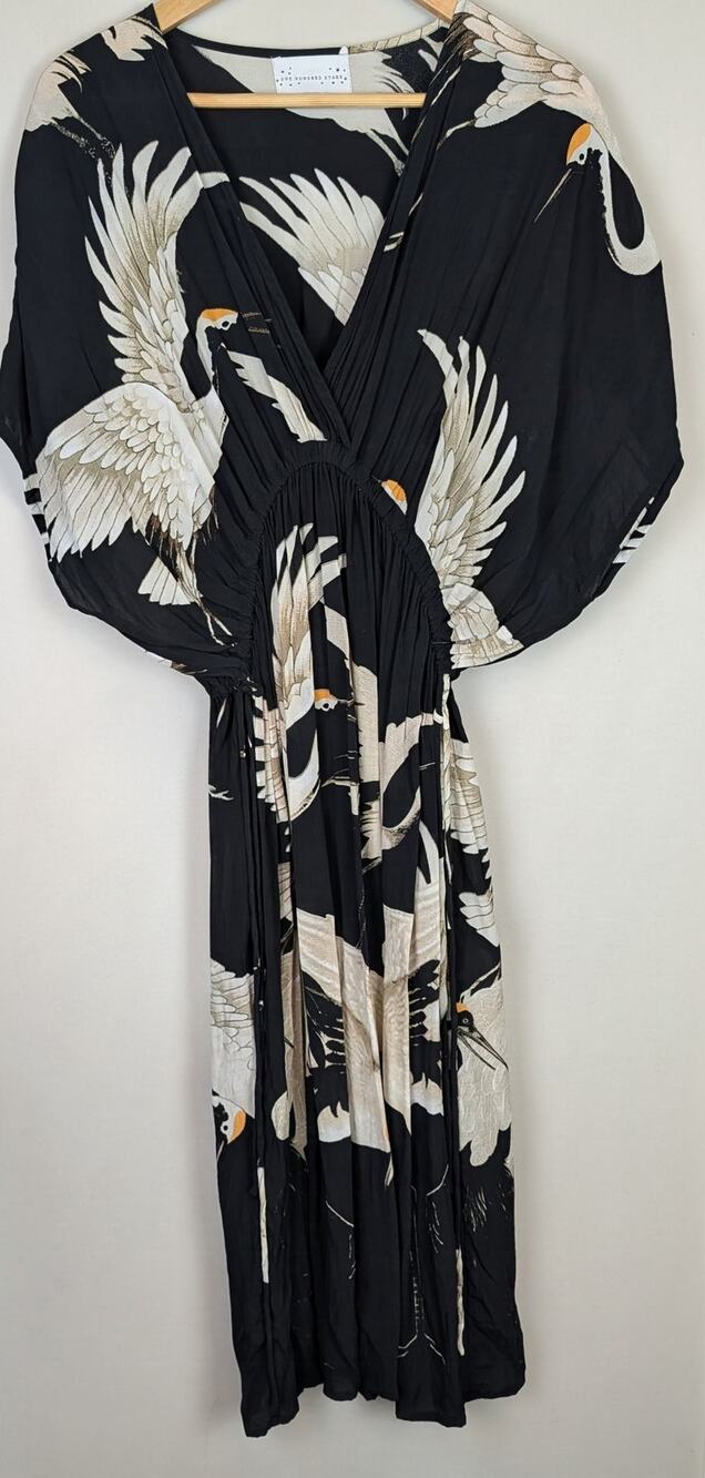 One Hundred Stars Stork Print Surplice Dress Black O/S